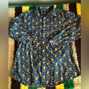 Simon Banks Mens Button Down Large shirt Gingerbread Cookie Candy Canes Teal?